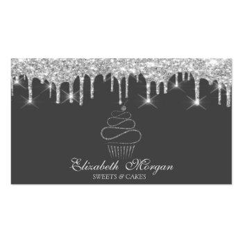 Small Glitter Drips Silver Cupcake Bakery  Business Card Front View