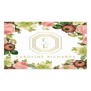 Small Gold Art Deco Monogram Vintage Florals Square Business Card Front View