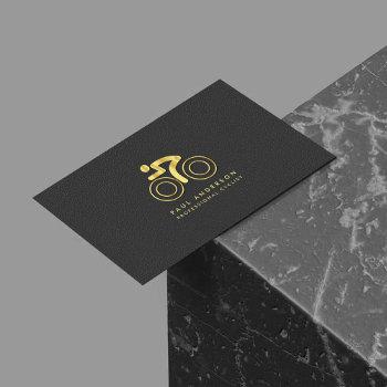 Small Gold Bicycle Logo Elegant Monogram Black Leather Business Card Front View