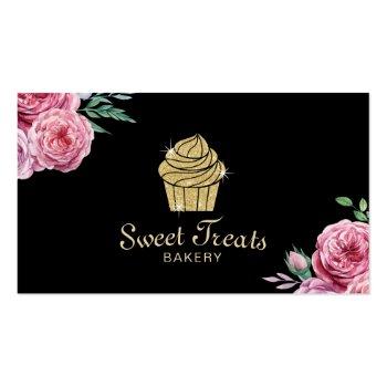 Small Gold Cupcake Bakery Sweet Treats Modern Floral Business Card Front View