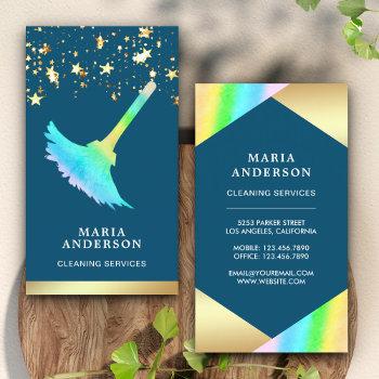 gold foil confetti blue duster cleaning service business card