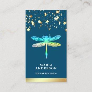 Small Gold Foil Stars Confetti Blue Dragonfly Business Card Front View