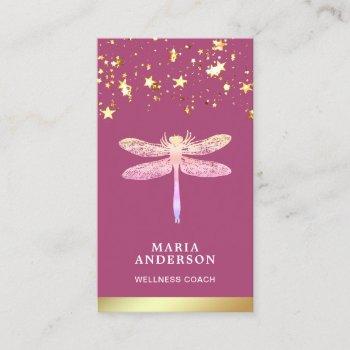 Small Gold Foil Stars Confetti Pink Dragonfly Business Card Front View