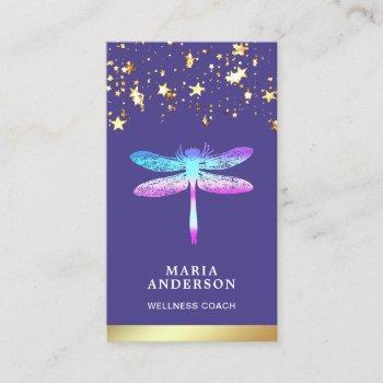 Small Gold Foil Stars Confetti Purple Dragonfly Business Card Front View
