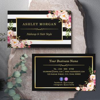 gold frame blush floral black white stripes business card