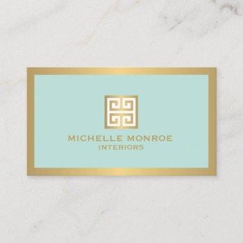 gold greek key on mint interior designer business card