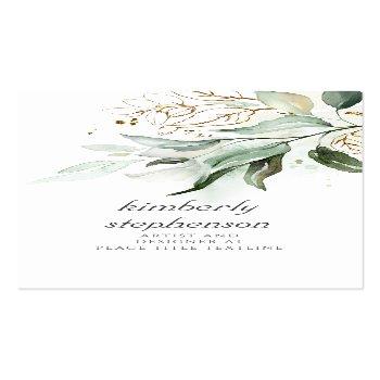 Small Gold Leaves And Eucalyptus Greenery Dreamy Faded Business Card Front View