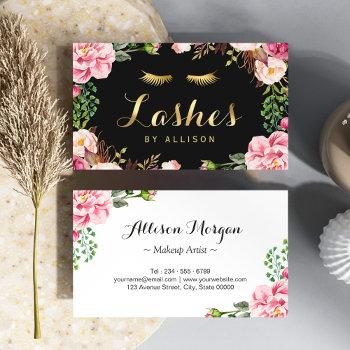 gold lettering eyelashes makeup artist pink floral business card