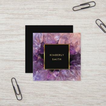 Small Gold Purple Amethyst Gemstone Geode Square Business Card Front View
