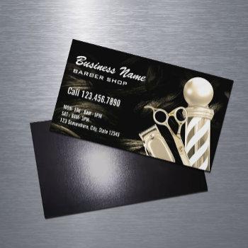Small Gold Scissor Barber Pole Professional Barber Shop Business Card Magnet Front View