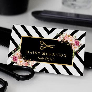 gold scissors floral hair stylist beauty salon business card
