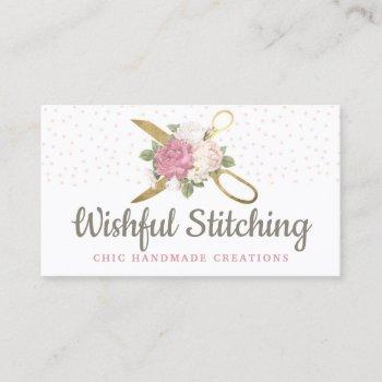 gold sewing scissors & shabby chic floral roses business card
