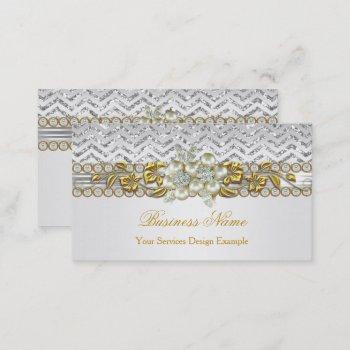 gold silver chevron white diamond pearl floral business card