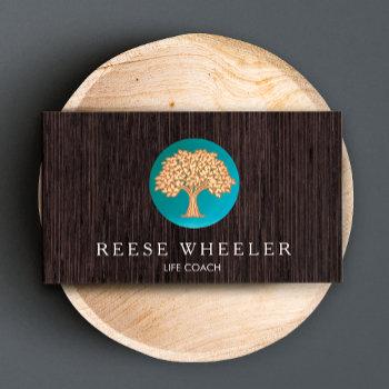 Small Gold Tree Logo Life Coach And Wellness Counselor Business Card Front View
