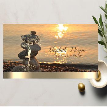 gold tree women silhouette,zen stones sunset beach business card