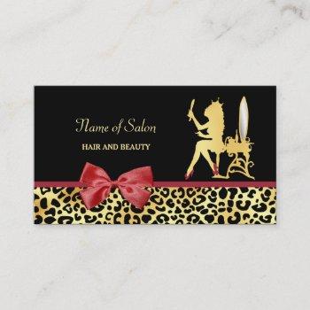 golden crown leopard print with red bow hair salon business card