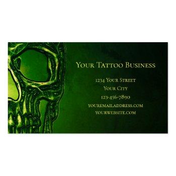 Small Gothic Skull Head Green Neon Metallic Tattoo Shop Business Card Back View