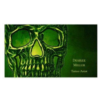 Small Gothic Skull Head Green Neon Metallic Tattoo Shop Business Card Front View