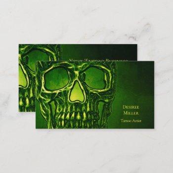 gothic skull head green neon metallic tattoo shop business card