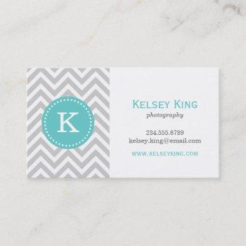 gray and turquoise chevron custom monogram business card