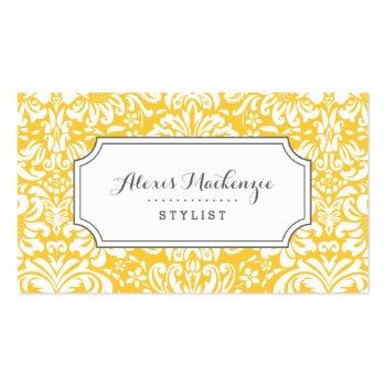 Small Gray And Yellow Floral Damask Business Card Front View