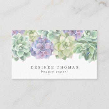 green and purple watercolor elegant succulent business card