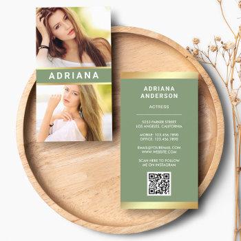 green gold model actress qr code 2 photo collage business card