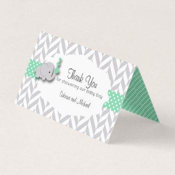 green & gray elephant baby shower | candy toppers business card