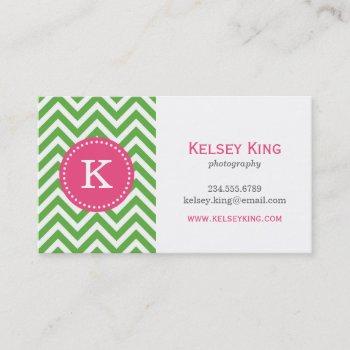 green & hot pink chevron custom monogram business card
