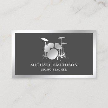 grey music teacher silver foil drum kit drummer business card