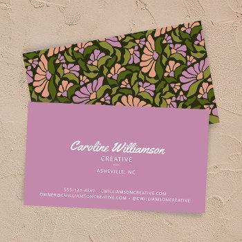 groovy retro boho purple green botanical trendy business card
