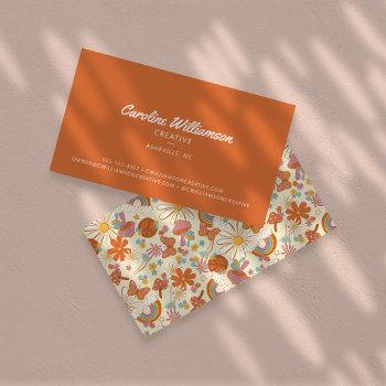 Small Groovy Retro Orange Hippie Peace Flowers Trendy Business Card Front View