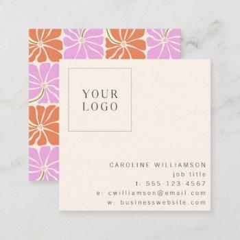 groovy retro orange pink floral logo creative square business card