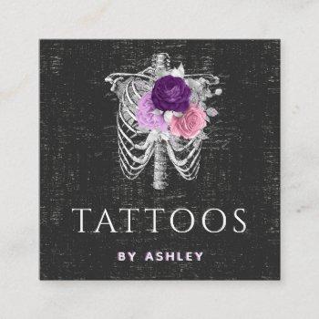 Small Grunge Floral Skeleton Gothic Tattoo Artist Roses Square Business Card Front View