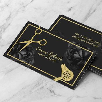 hair salon gold scissor & dryer black floral business card
