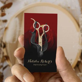 Small Hair Salon Gold Scissor & Red Rose Modern Stylist Business Card Front View