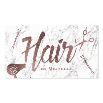 Small Hair Salon Rose Gold Typography White Marble Business Card Front View