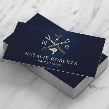 Small Hair Stylist Beauty Logo Navy Blue & Gold Salon Business Card Front View