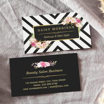 hair stylist beauty salon gold frame pink floral business card