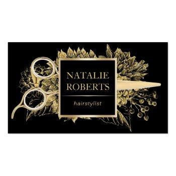 Small Hair Stylist Black & Gold Floral Beauty Salon Business Card Front View