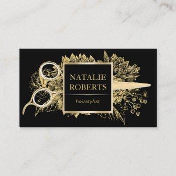 hair stylist black & gold floral beauty salon business card