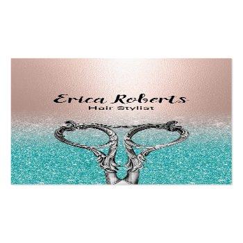 Small Hair Stylist Blush Rose Gold & Aqua Teal Business Card Front View