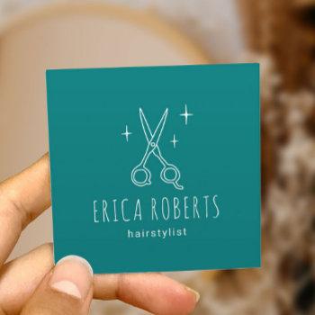 hair stylist cute minimalist scissor salon teal square business card