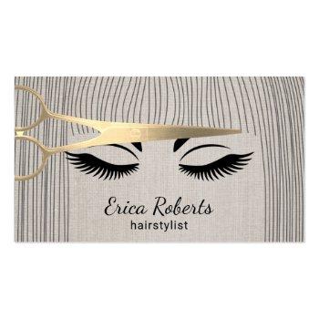 Small Hair Stylist Gold Scissor & Girl Salon Linen Business Card Front View