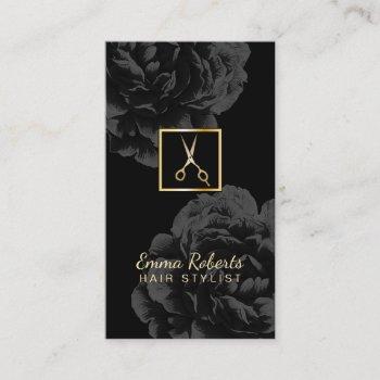 hair stylist gold scissor logo classy black floral business card