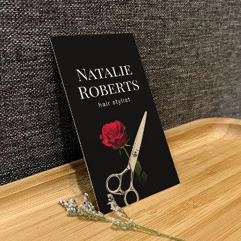 hair stylist gold scissor & red rose flower salon business card