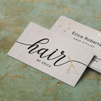 hair stylist gold scissor typography elegant linen business card