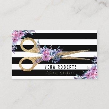 hair stylist gold scissors & beauty salon floral business card