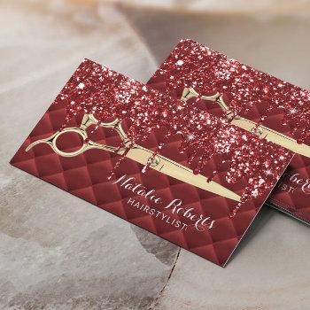 hair stylist luxury red glitter drips beauty salon business card