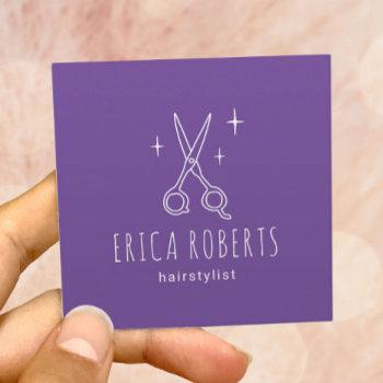 hair stylist minimalist scissor purple salon square business card